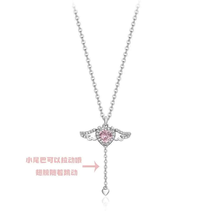 Heart Wings Necklace with Pink Rhinestones - Sterling Silver Pendant