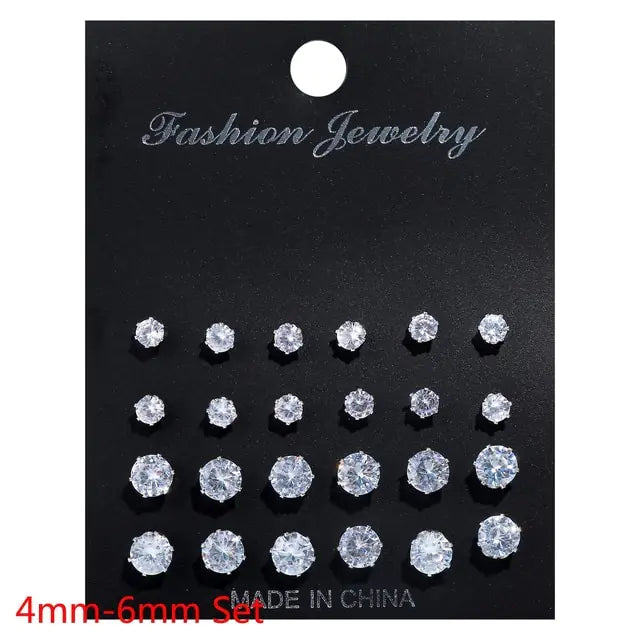 White Crystal Stud Earrings Set - 12 Pairs for Men & Women