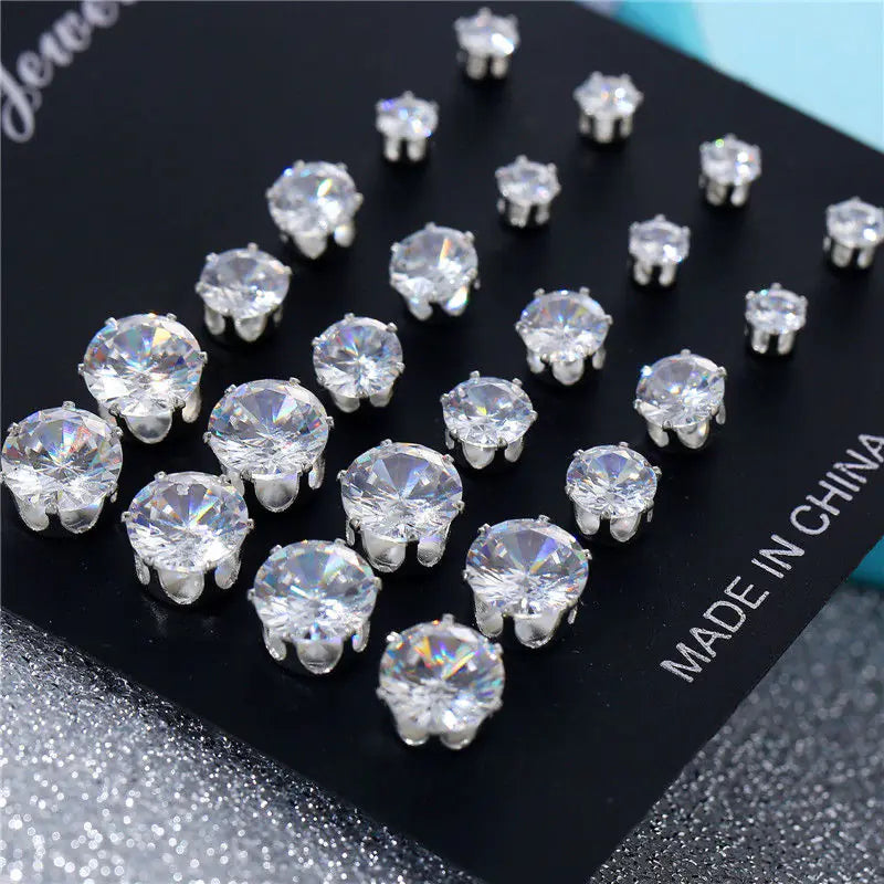 White Crystal Stud Earrings Set - 12 Pairs for Men & Women