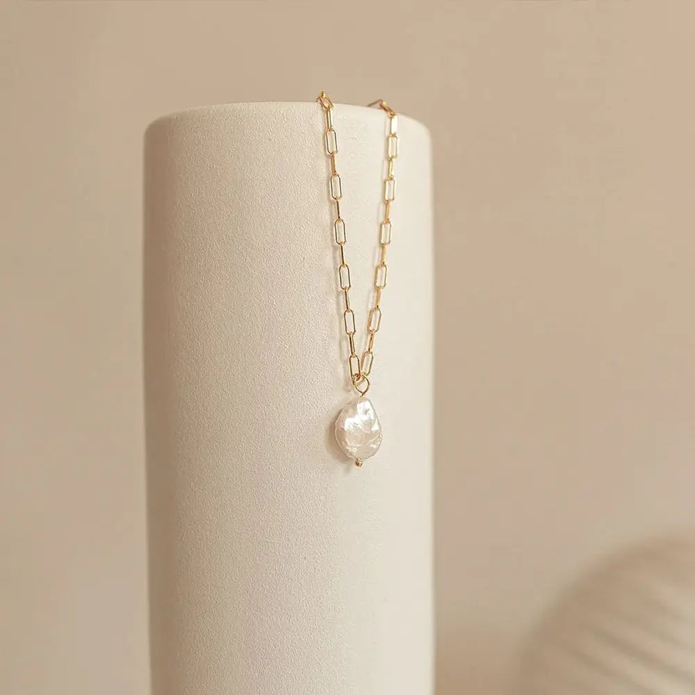 Rectangle Link Chain Pearl Necklace with Freshwater Pendant