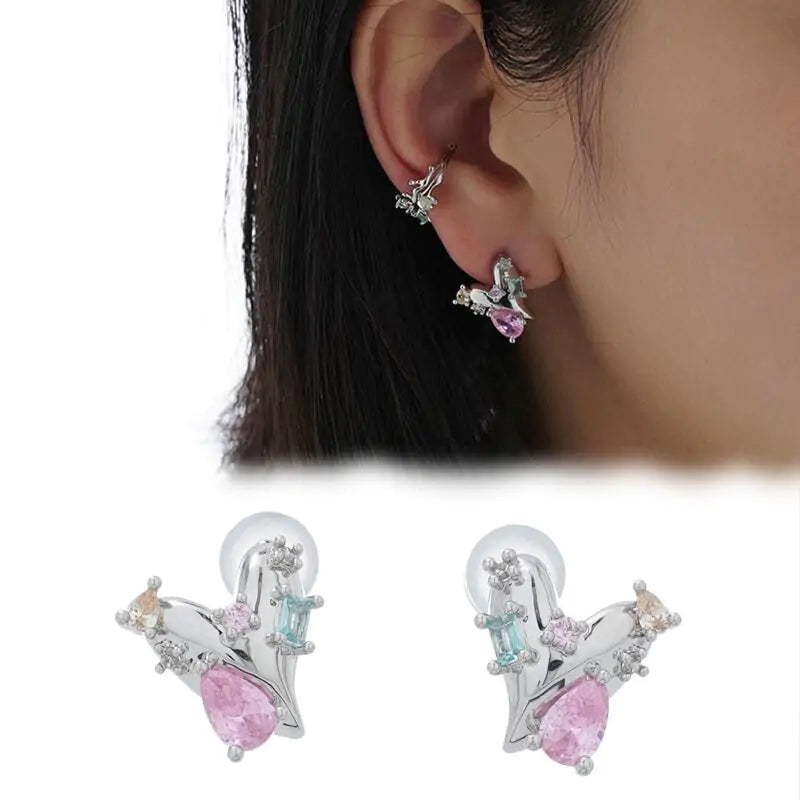 Pink Rhinestone Heart Stud Earrings - Elegant and Versatile Styling