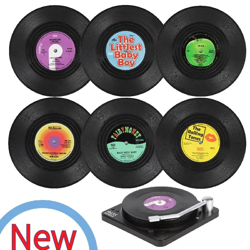 Vinyl Record Coaster Set with Holder - 6 Authentic Retro Designs