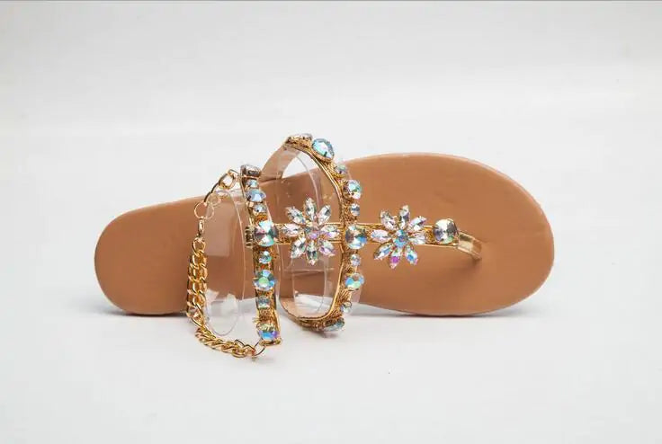 Women's Rhinestone Chain Sandals - Comfortable Cushioned Sole, Adjustable Fit & Stylish Designs