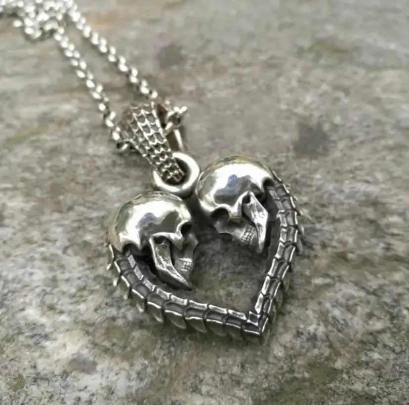 Skull Heart Pendant Necklace - Sterling Silver Jewelry