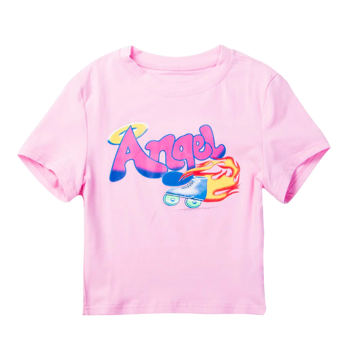 Angel Letter Printed Cropped T-Shirt - Slim Fit, Knot Detail - Pink/White - Sizes S, M, L