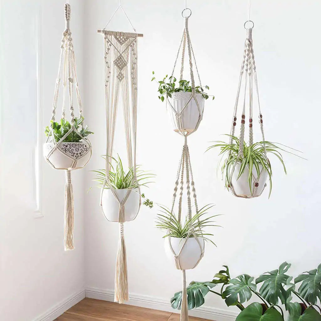 Macrame Plant Hangers - Set of 4 | 100% Cotton Rope | Boho-Chic Design