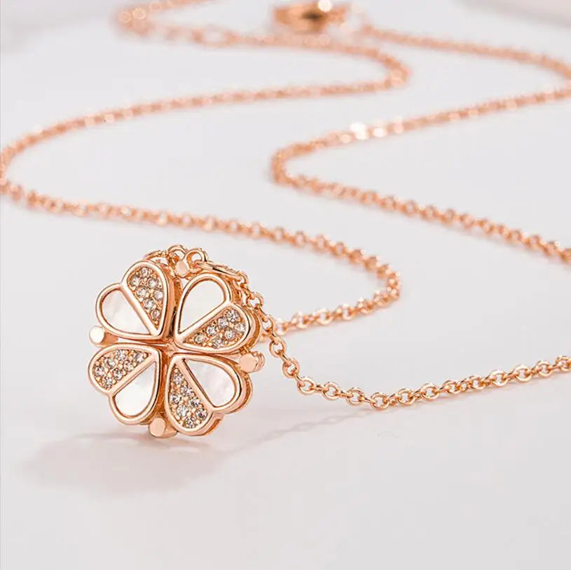 Clover Heart Shape Necklace with Four-Leaf Clover Pendant in Silver Stainless Steel