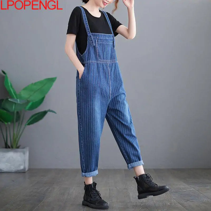 Art Stitching Denim Overalls - High-Quality, Loose-Fitting, Wide Leg Design