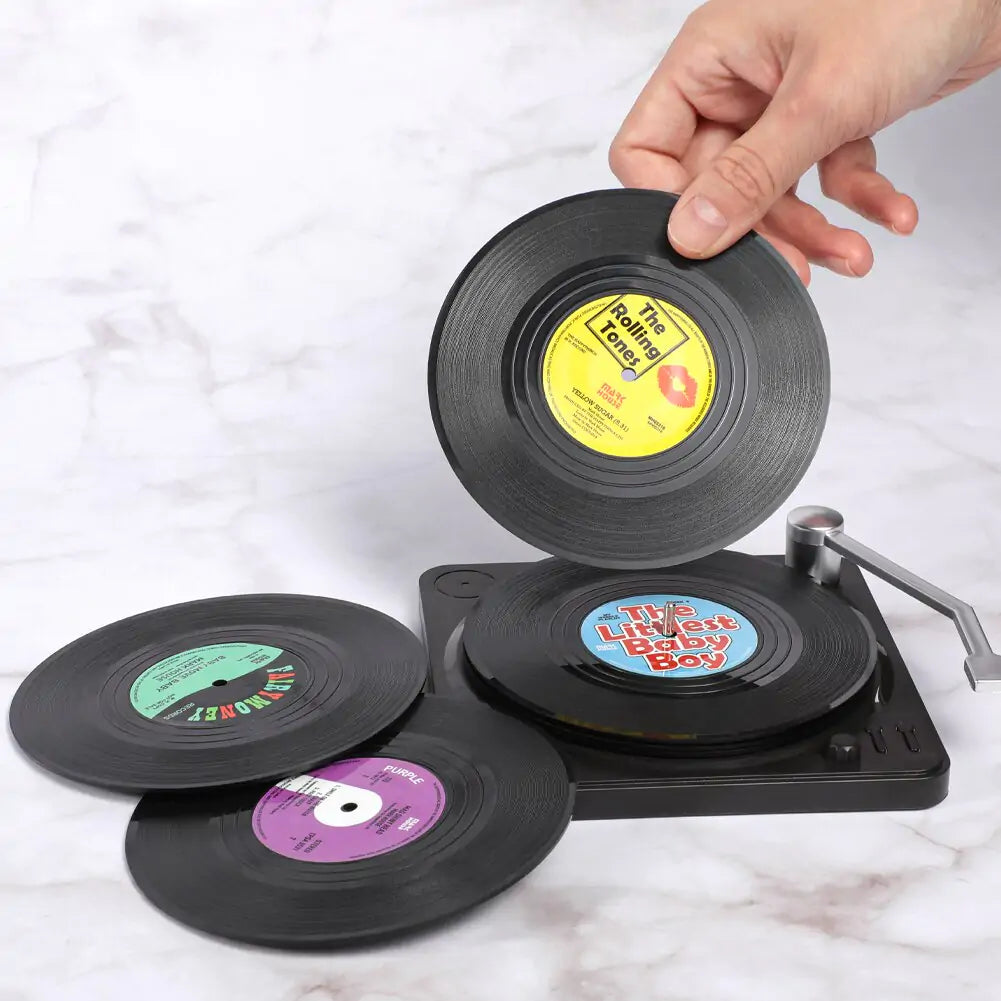 Vinyl Record Coaster Set with Holder - 6 Authentic Retro Designs