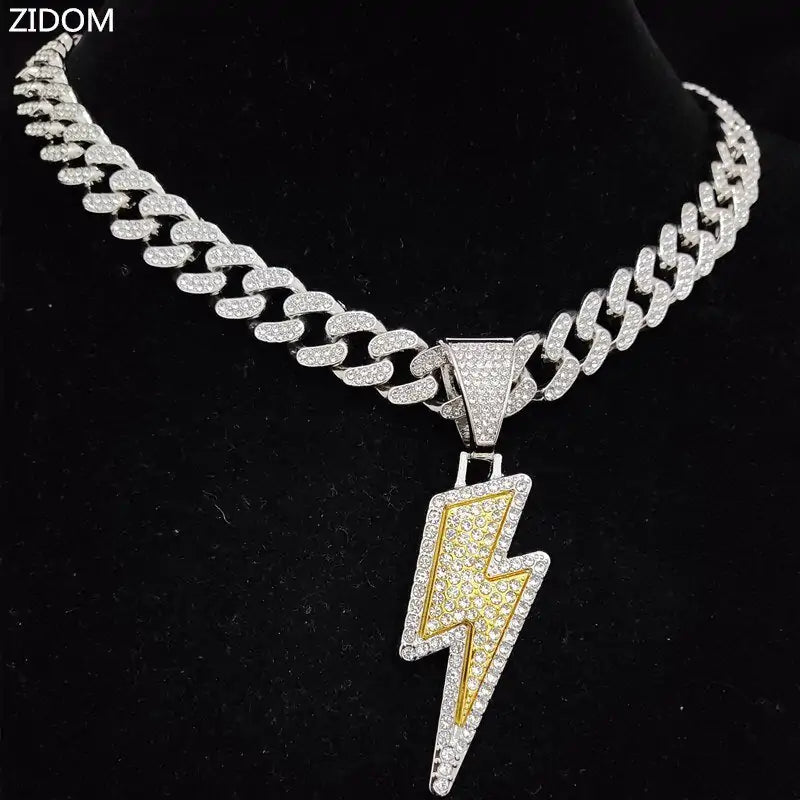 Iced Out Cuban Lightning Bolt Chain - Sparkling 18K Gold Plated Hip Hop Bling Jewelry