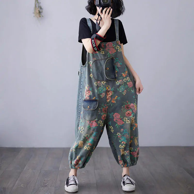 Retro Printed Denim Loose-Fitting Overall