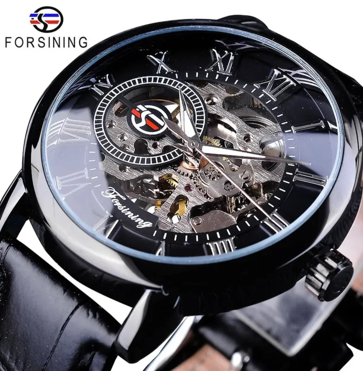 Men Luxury Brand Skeleton Dial Leather Strap Watch