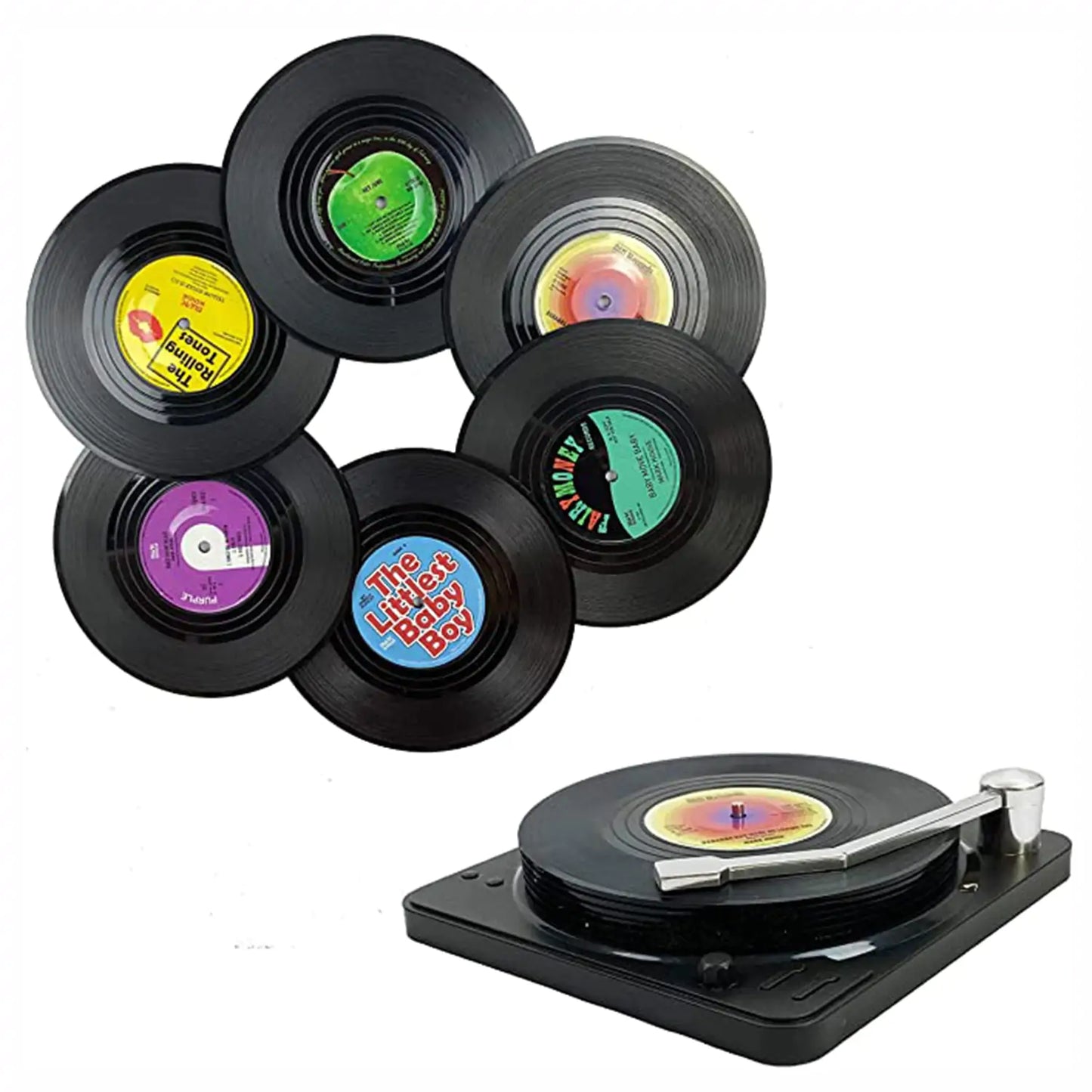 Vinyl Record Coaster Set with Holder - 6 Authentic Retro Designs