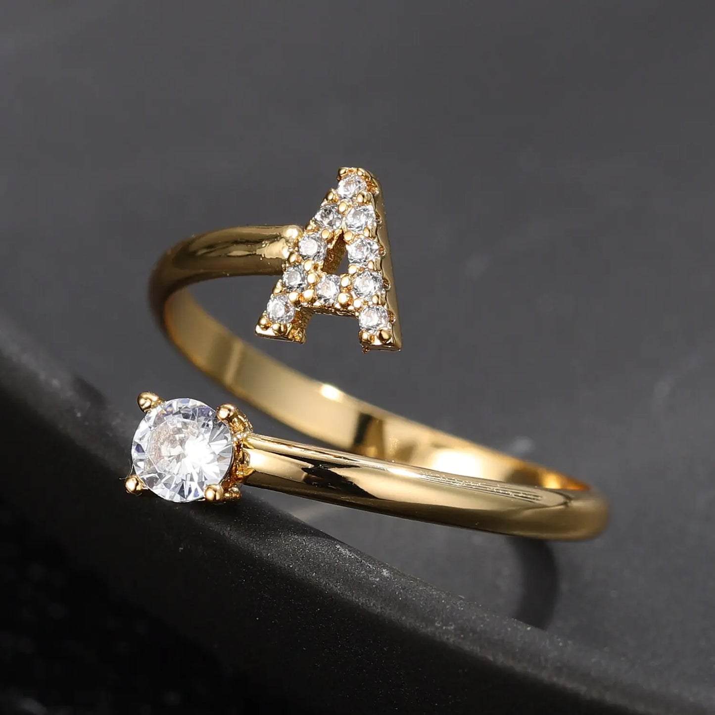 Adjustable Stainless Steel Initial Letter Rings with CZ Detailing