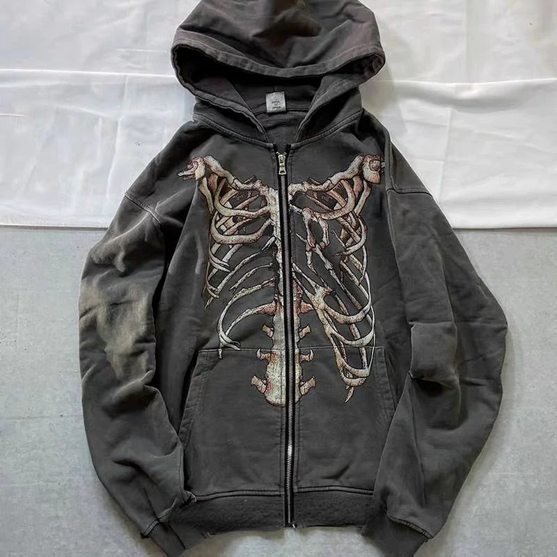 Skeleton Zipper Sweatshirt - Gothic Punk Streetwear with Oversize Fit and Edgy Skeleton Print