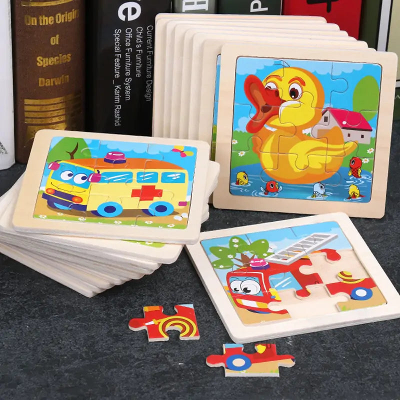 Wooden 3D Puzzle for Kids - Cartoon Animal Traffic Tangram Design