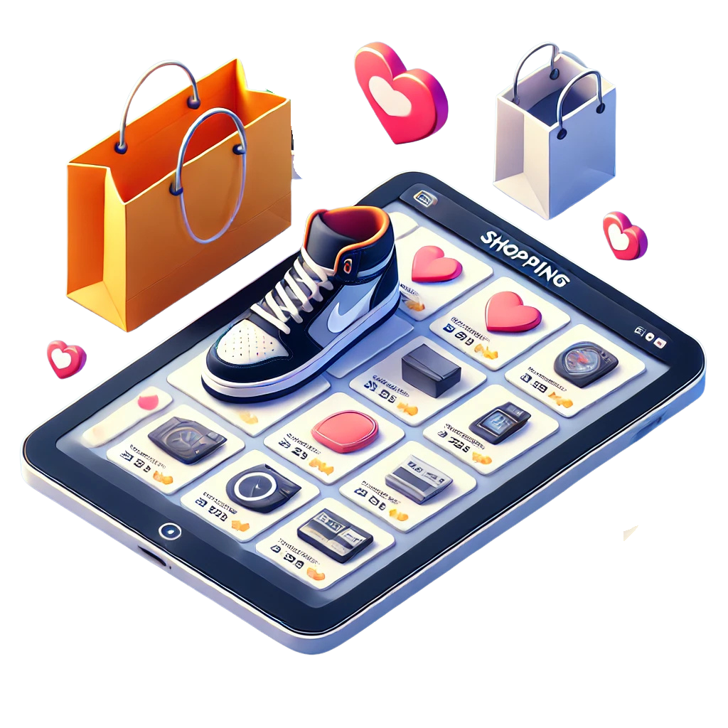 An isometric illustration of a tablet displaying a shopping app with product icons, shopping bags, and heart-shaped favorite icons, showcasing browsing and saving from top brands.