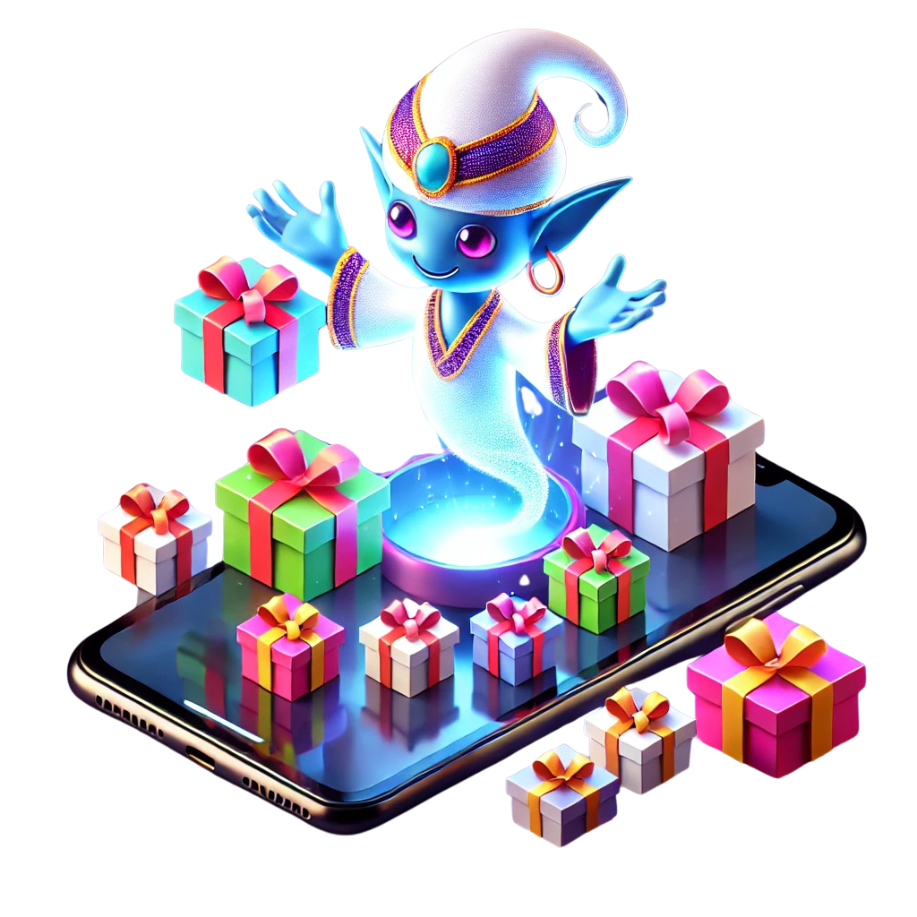 An isometric illustration of a glowing genie emerging from a smartphone surrounded by colorful gift boxes, symbolizing personalized gift recommendations.