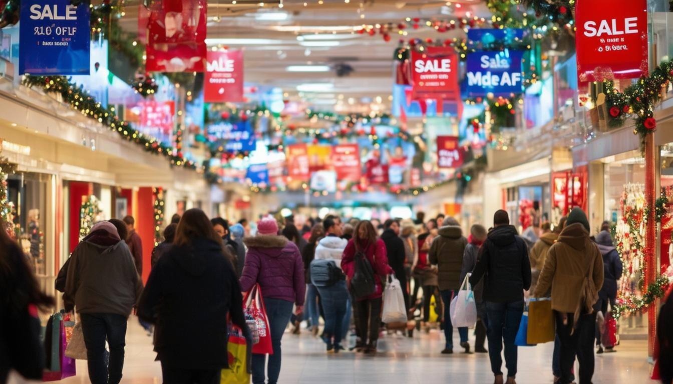 People shopping for the perfect gift in a busy shopping mall on Black Friday