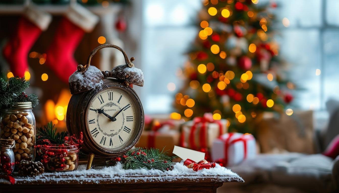 Close-up of a vintage clock on a Christmas-decorated mantle, showing the hands nearing midnight, symbolizing the last-minute holiday rush.