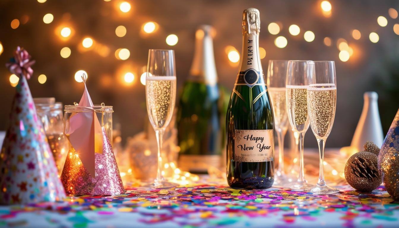 Happy Near Year image with bottle of champagne and champagne flutes