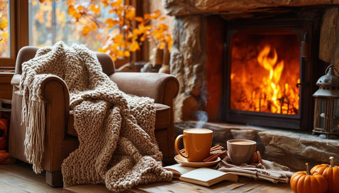 Cozy autumn scene with knitted blanket draped over an armchair in front of a warm fireplace