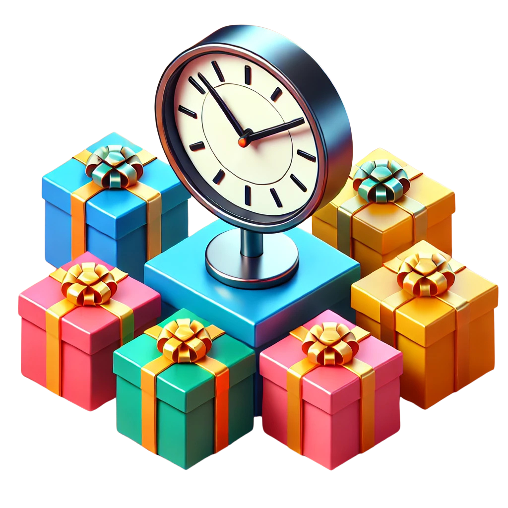 An isometric clock with a glowing gift box next to it, symbolizing how GyftPro helps users find thoughtful gifts quickly and efficiently.