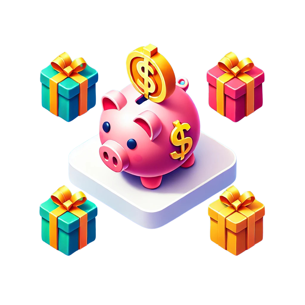 An isometric piggy bank with coins and a gift tag, representing GyftPro’s ability to help users shop their favorite brands within their budget.